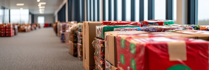 Organized toy drive features donating, wrapping, sorting; colorful giving spirit Colors: Red, green, gold 