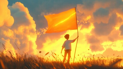 Fototapeta premium Child Holding Orange Flag Against Dramatic Sunset Sky Background