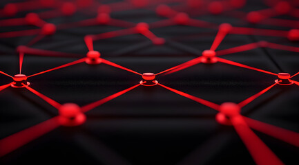 A close-up of a digital network pattern featuring red nodes interconnected by lines against a dark background, creating a modern tech aesthetic.