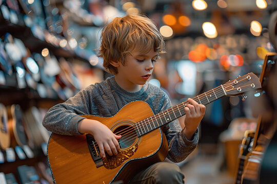 Boy playing acoustic guitar. Cute little boy playing guitar on blurred background in music instruments store. Guitar school banner	