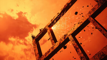 Dramatic sunset reflecting off partially constructed building frame, showcasing sparks and debris against fiery sky. scene evokes sense of urgency and transformation