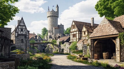 Obraz premium Medieval village street scene with stone houses, tower, bridge, flowers, and greenery under a sunny sky.