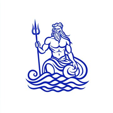 recommend clip art: Majestic Poseidon, Greek god of the sea, depicted in a powerful, stylized blue line art illustration, holding his trident and seated on ocean waves.