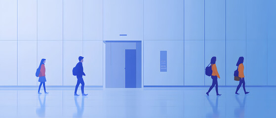 Silhouettes of People Walking in Modern Building Hallway