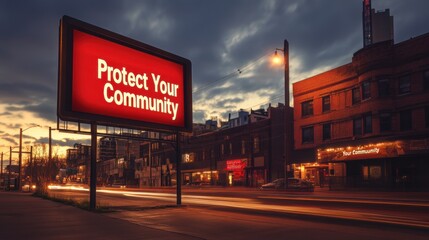 Community Protection Message on a Billboard at Dusk