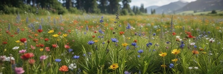 Flax plants growing in a lush meadow with colorful wildflowers and buzzing insects, countryside, outdoor photography, meadow