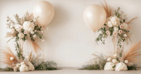 Elegant Wedding Decor: Champagne Balloons and  Blush Floral Arrangements Against a White Wall