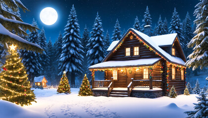 Fototapeta premium A cozy christmas night, glowing cabin and sparkling tree in a snowy landscape