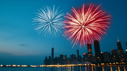 Fototapeta premium Vibrant fireworks bursting in red, white, and blue over a city skyline with reflections in water for a festive Independence Day celebration 