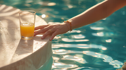 Close-up of a woman's hand reaching into the water at the edge of a pool, a glass with orange juice on a side table next to it, during the daytime, with the pool in the background