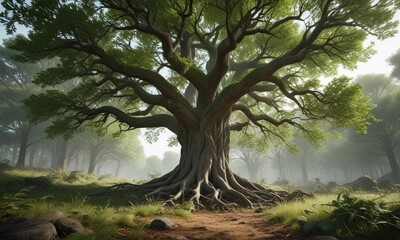 Fototapeta premium Forest landscape featuring a large tree with sprawling branches and leaves, natural scenery, rural scenery, autumnal backdrop