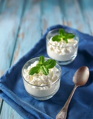 Two glasses of creamy cottage cheese topped with mint leaves, placed on a rustic table