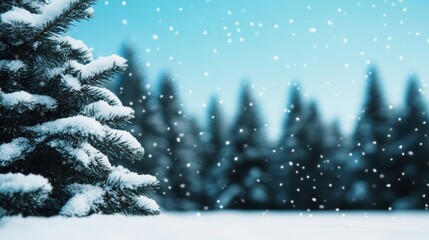 Winter background: Snow, blurred forest, blue sky, gently falling snowflakes, white 