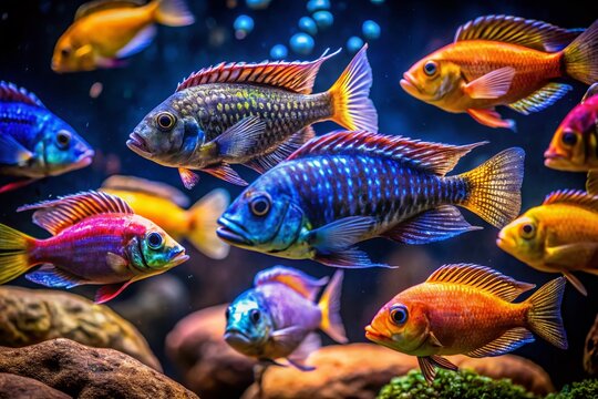Stunning Low Light Photography of African Cichlids: Peacock, Mbuna, and Frontosa in Their Natural Habitat with Vibrant Colors and Dramatic Shadows