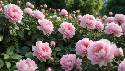 Fototapeta premium Fresh pink roses and peonies in a garden setting with flowers , garden decor, peony flowers, pink roses