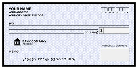Blank Cheque template of the bank. Checkbook cheque page with empty fields to fill.