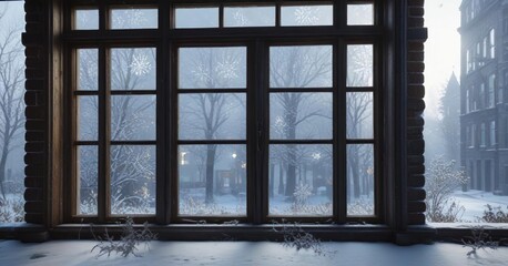 Fototapeta premium Frosty windowpanes on a cold winter morning with snowflakes gently falling outside, cold weather, frosty scene