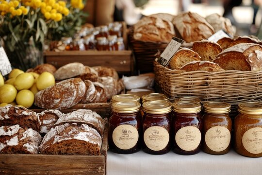 Artisan Breads and Homemade Jams at a Farmer's Market Stall