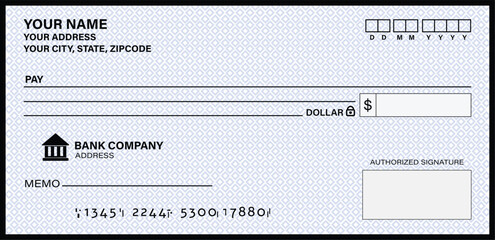 Blank Cheque template of the bank. Checkbook cheque page with empty fields to fill.