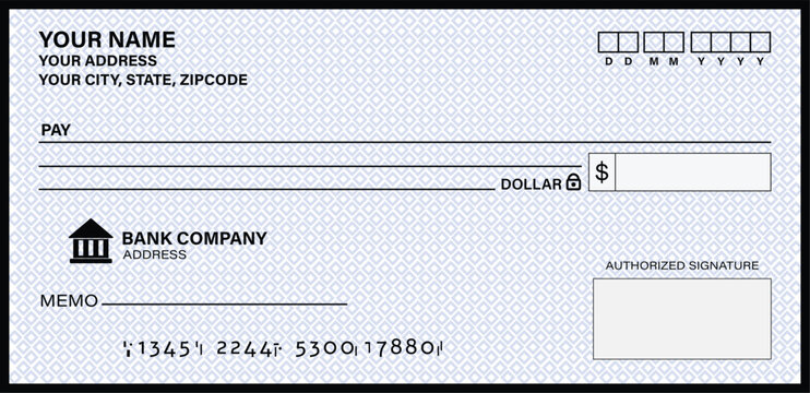 Blank Cheque template of the bank. Checkbook cheque page with empty fields to fill.