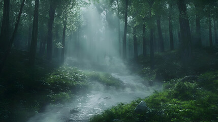 Obraz premium Misty Forest Stream - A Realistic Landscape Illustration