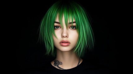 Fototapeta premium A young female with striking green hair and subtle makeup, exuding an edgy and captivating vibe.
