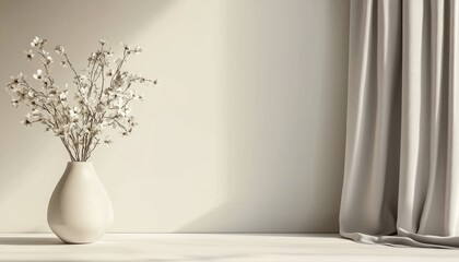 Serene Minimalist Interior Design with White Flowers in Vase and Beige Curtains, Modern Home Decor Aesthetic