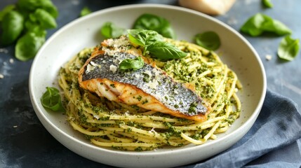 Pesto spagetti with sea bass