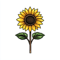 Fototapeta premium Vibrant sunflower with bold yellow petals and green leaves, showcasing its beauty and charm. Perfect for nature lovers and floral enthusiasts
