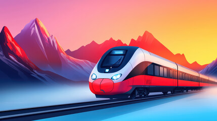 Obraz premium vibrant train journey through majestic mountains at sunset, showcasing stunning colors and sleek design. scene captures essence of adventure and travel