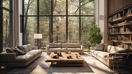 A photo of a well-lit living room with large windows