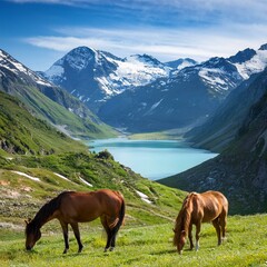 Two Horses Grazing in a Scenic Mountain Valley with Snow-Capped Peaks, Lush Green Hills,
