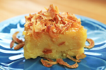 Khanom Mo Kaeng, Delicious Thai Custard with Mung Beans Garnished with Crispy Fried Shallots