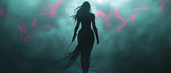 Mysterious Warrior Woman Walking into the Mystic Fog with Sword