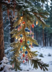 Hanging garlands of colorful ceramic and glass accents adorn the branches of a frosty pine tree in a snow-covered forest, ceramic ornaments, icy ambiance