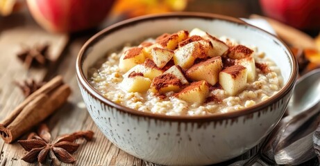 Fototapeta premium Caramelized Apple Cinnamon Oatmeal. AI generated illustration.