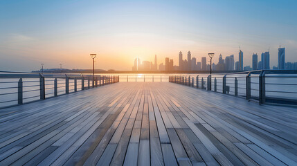 Empty wooden floor with cityscape background, skyline, and sea view of a street in the modern coastal industrial district of Abu Dhabi at sunrise.