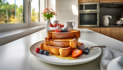 delicious buttermilk french toast elegantly presented on a white table in a modern kitchen