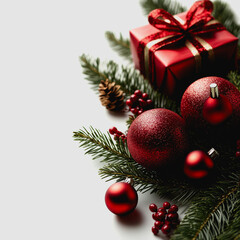 Obraz premium Festive Arrangement with Red Christmas Balls, Pine Branches, Holly Berries, and a Wrapped Gift Box for Seasonal Celebrations