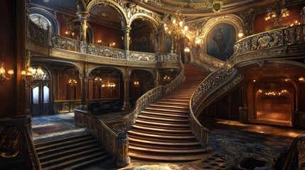 Obraz premium Grand ornate staircase in a luxurious mansion interior.