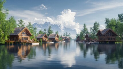 Fototapeta premium Calm lake with wooden houses and mountains.