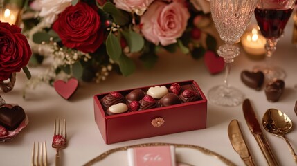A table with a red box of chocolates and a white tablecloth