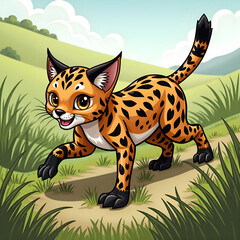Playful spotted cat exploring a sunny meadow with lush green grass and rolling hills in the background, digital illustration of character design concept.