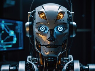 Fototapeta premium A close-up of a humanoid robot’s face with glowing optical sensors scanning the environment in a high-tech control room, 4K resolution