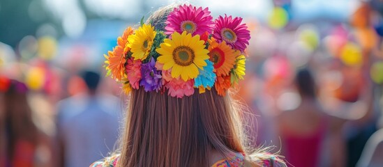 Woman with a flower crown in a crowd.
