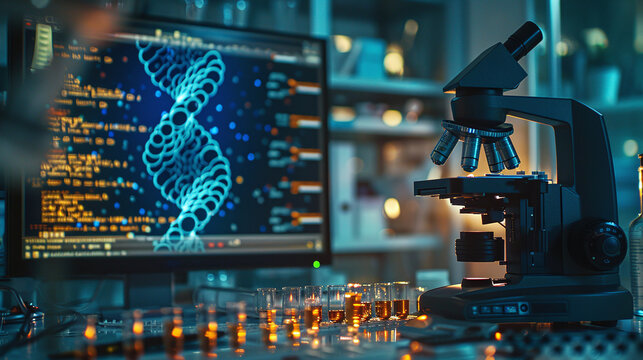 DNA medical research lab, biotechnology science, medicine laboratory clinic. DNA research equipment, test microscope, health scientific computer gene. Research science concept 