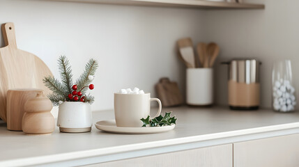 A cozy kitchen scene featuring a mug of marshmallows and festive greenery.