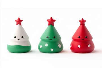 A set of three adorable Christmas tree figurines in white, green, and red, each topped with a red star and featuring smiling faces. The minimalist and playful design