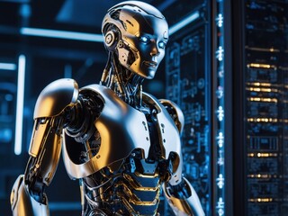 A high-tech humanoid robot with its chest panel open, revealing intricate machinery and advanced circuits, showcasing cutting-edge robotics and AI design