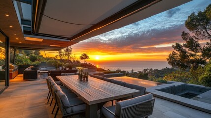 Obraz premium Sunset view from luxury patio with long dining table and pool.